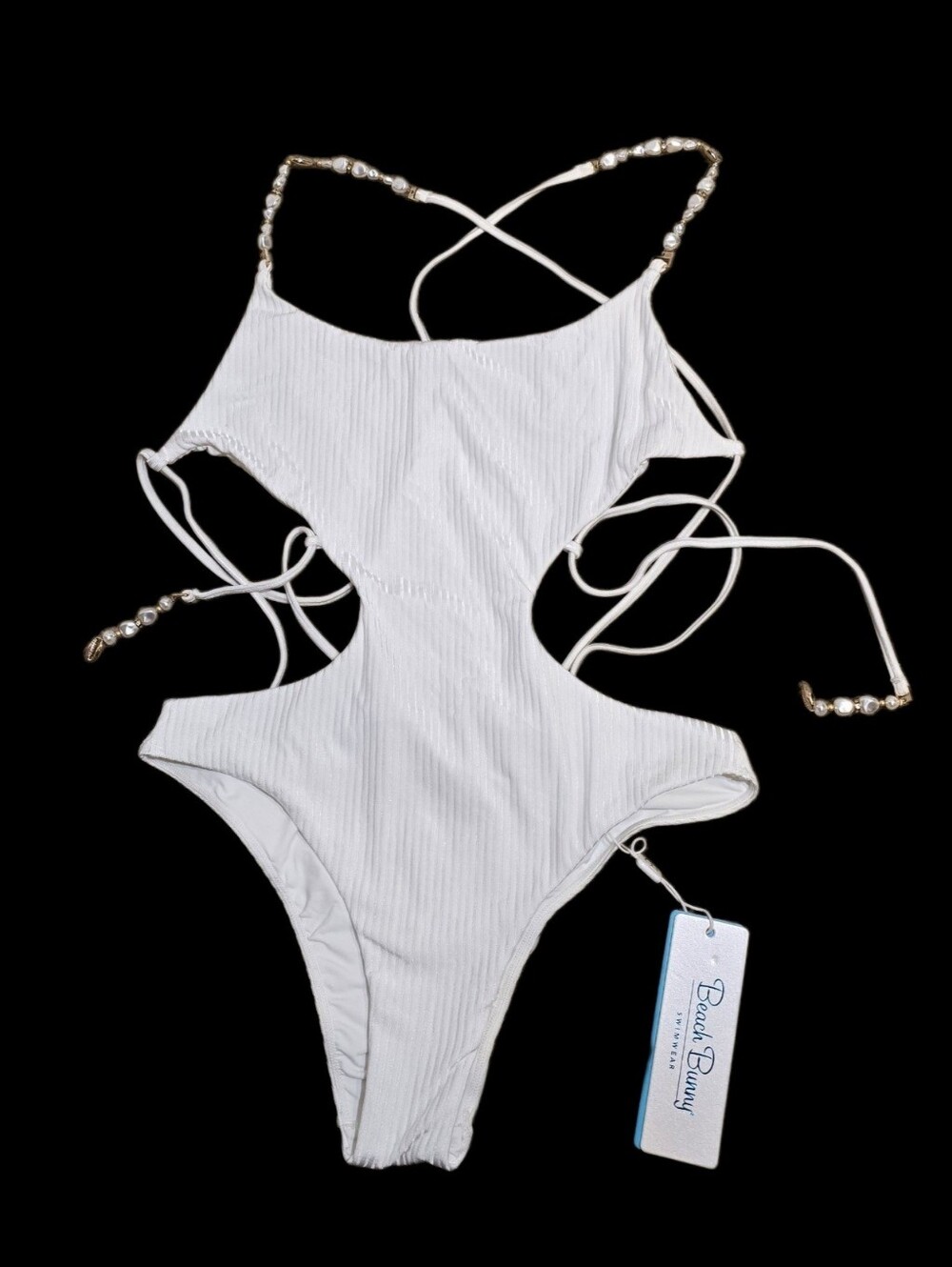 Beach Bunny White Ribbed Cutout One-Piece with Beaded Straps